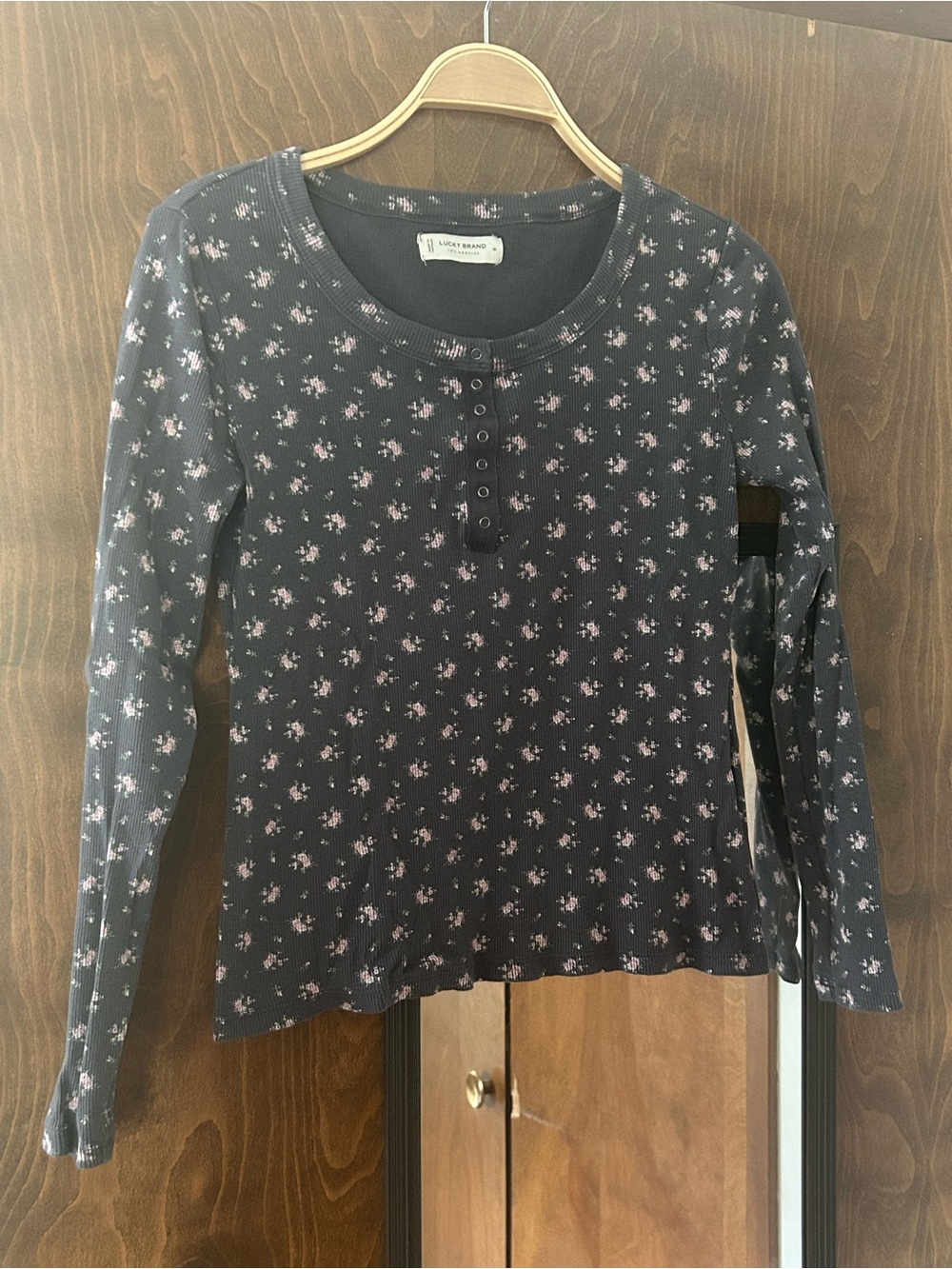Lucky Brand Charcoal Ribbed Henley with Pink Floral Print